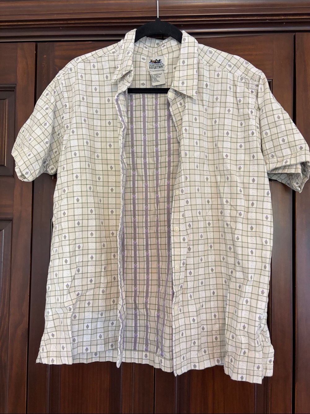 Northern Reflections Cream and Light Purple Plaid Short Sleeve Button-Up